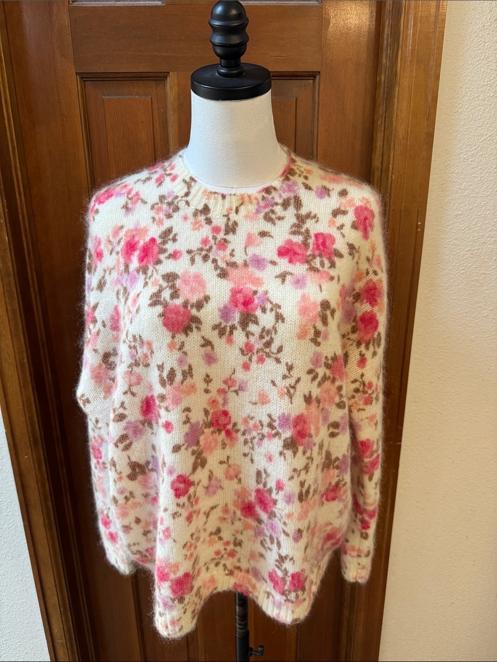 Sezane Floral Pink and Cream Cozy Knit Sweater Size M